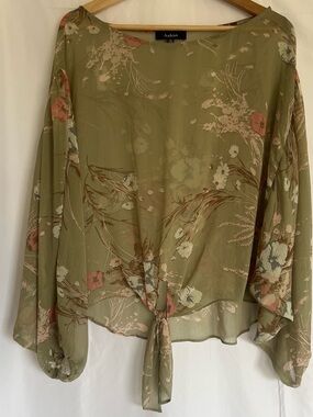 Aakaa Olive Green Floral Tie-Front Top